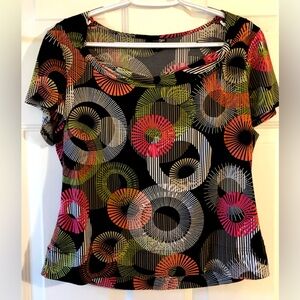 East 5th Black Fuchsia Olive Coral Abstract Floral Drape Neck Knit Blouse Large